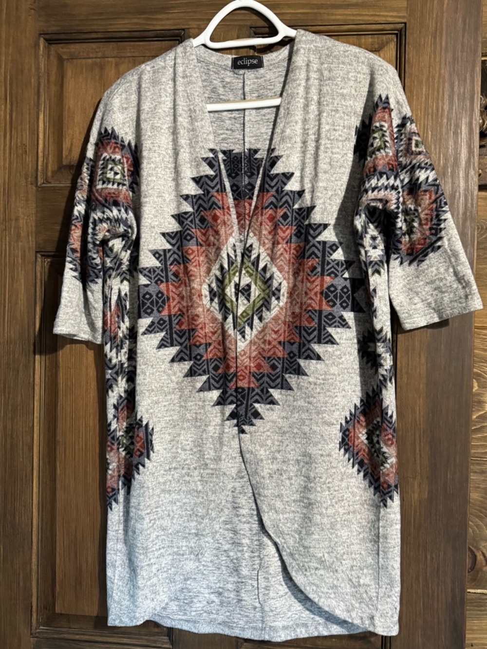 Eclipse Heather Gray Aztec Knit Open Cardigan with Rust and Navy Accents